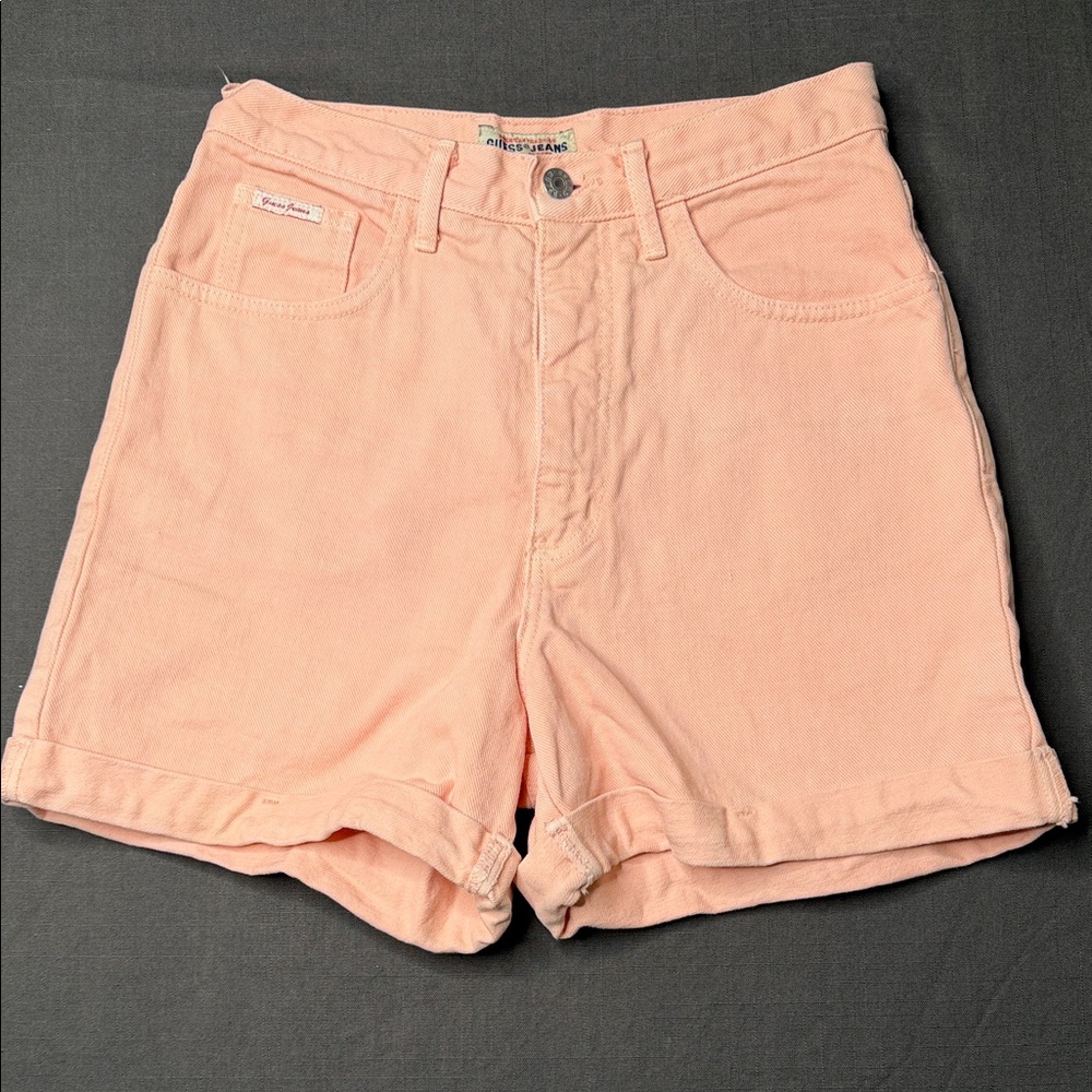 women's Vintage GUESS jean shorts size 29 peach 80's 90's Triangle logo